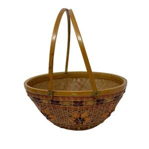 Vintage Asian Split Bamboo and Rattan Woven Boho Floral Double Handle Basket